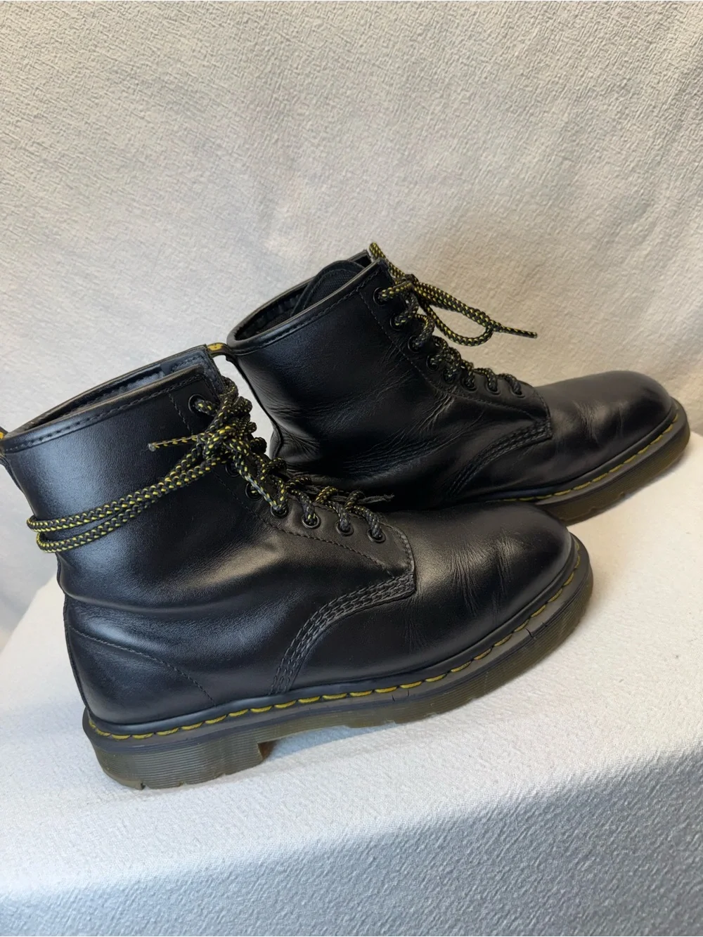 Dark Goth Dr. Martens Black Leather Lace-Up Combat Boots w/ Yellow Stitching Sz8